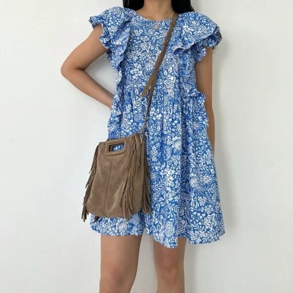 Zara Floral Ruffle Sleeve Cotton Poplin Mini Dress Blue White Size Large - Picture 9 of 14
